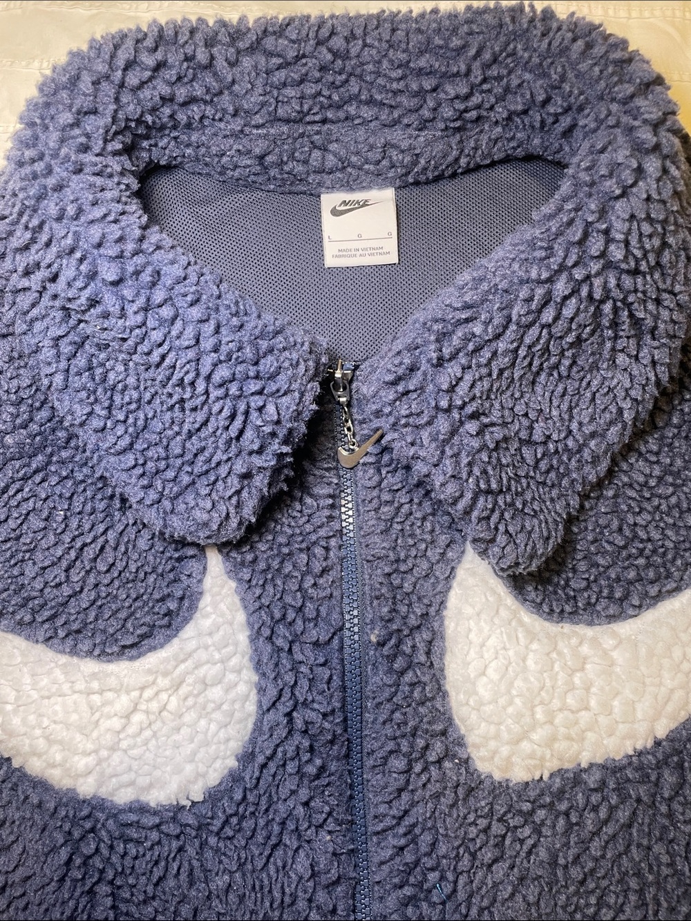 NIKE Sweater Sherpa Navy Faux Fur Swoosh Zip Jacket White Swoosh Vintage Retro - Picture 6 of 12